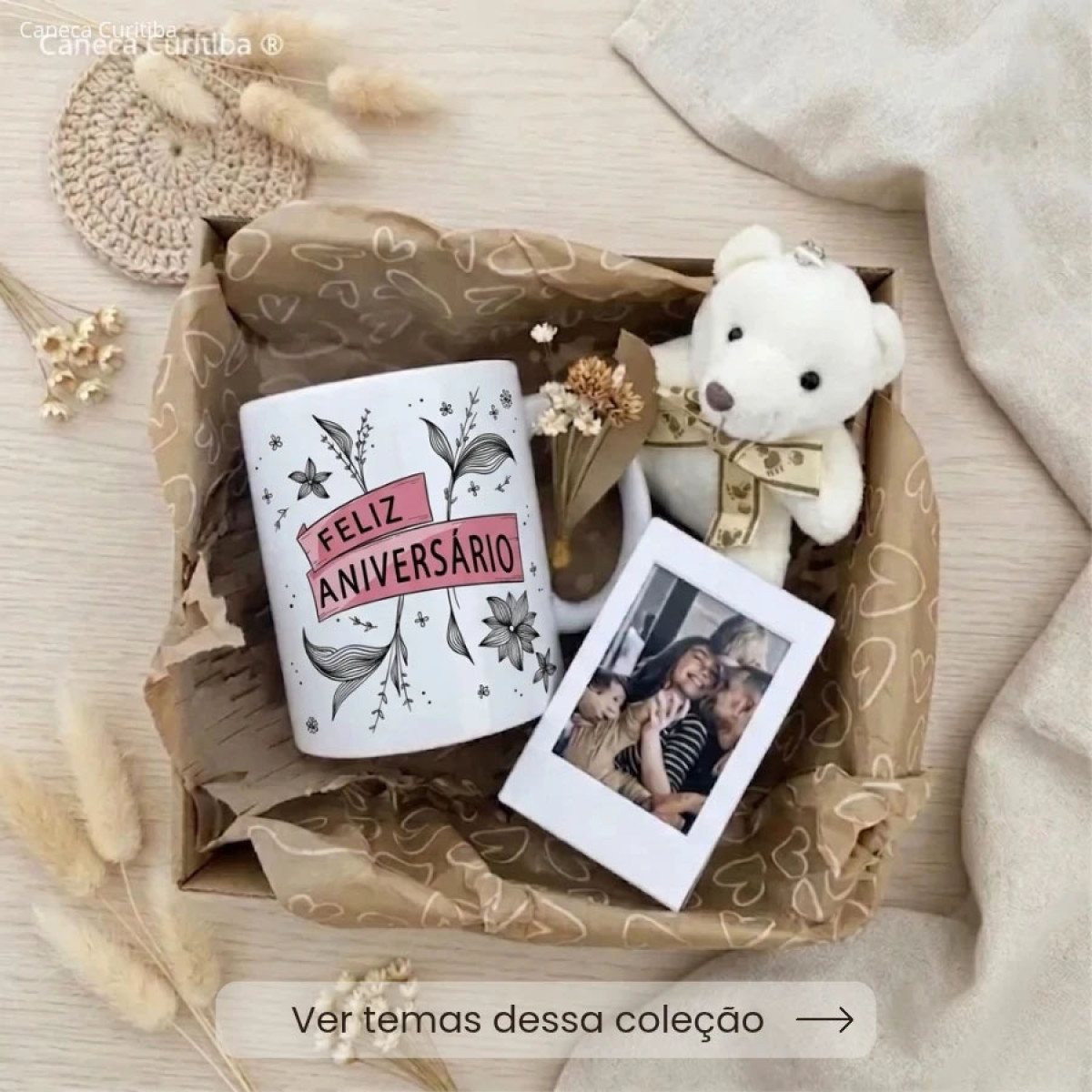 Kit Aniversário Presente Caneca, Mini Porta-Retrato Polaroid e Ursinho