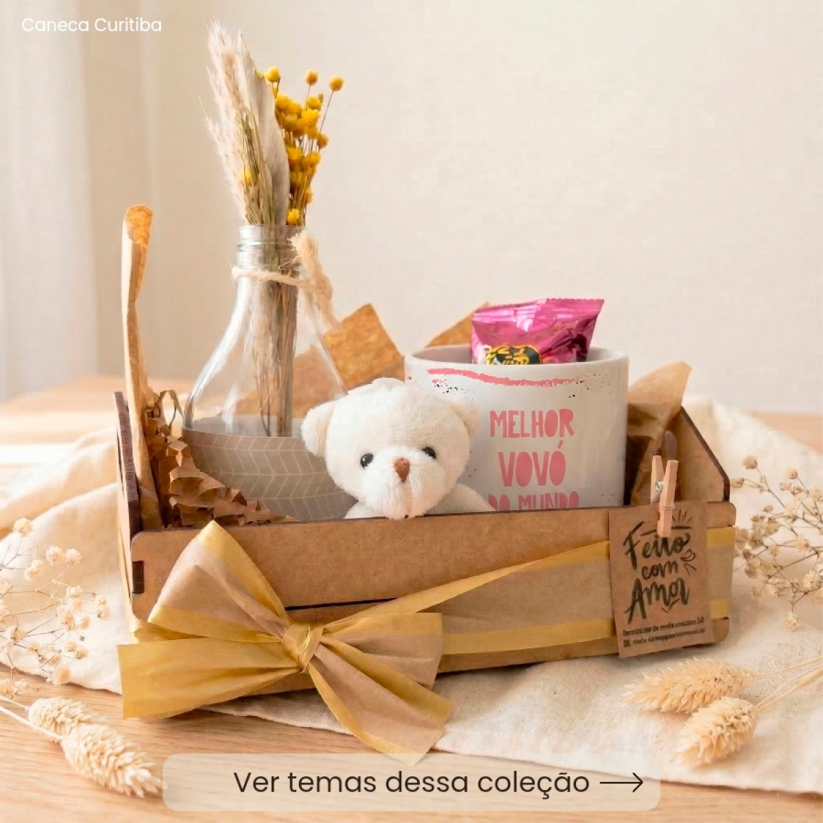Kit Avó(ô) Caixotinho MDF com Caneca Personalizada, Ursinho e Mimos