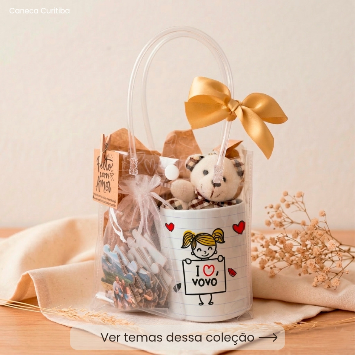 Kit Presente Dia dos Avó(ô) Caneca, Quebra-Cabeça Personalizado e Ursinho