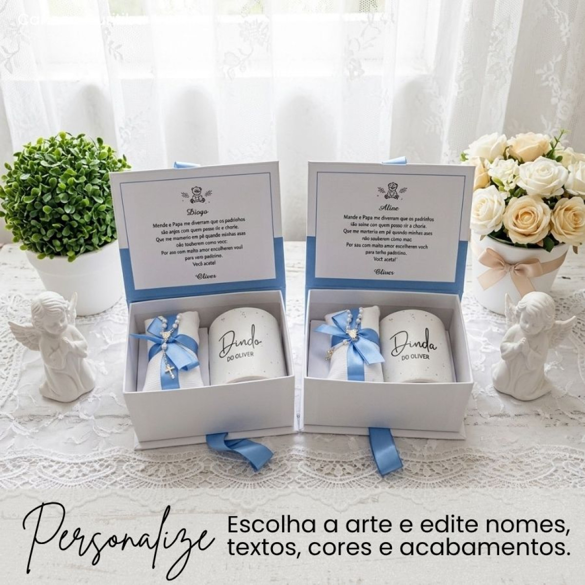 Kit Convite Padrinhos de Batismo com 2 Caixas Individuais e Mini Terço
