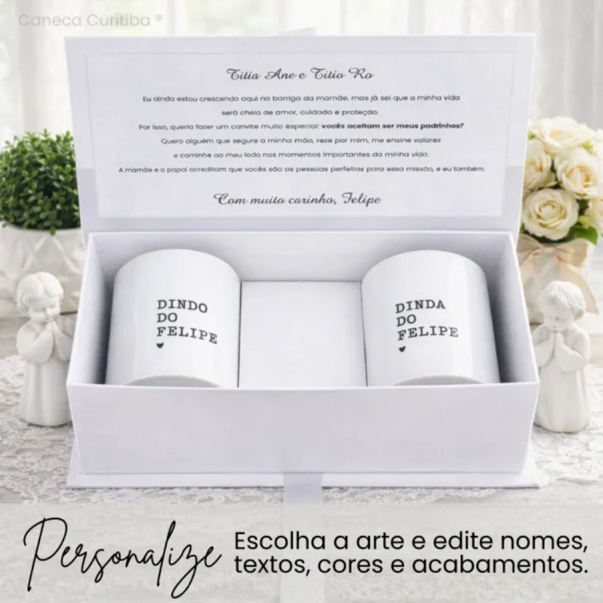 Caixa Convite Padrinhos de Batismo com Canecas Personalizadas