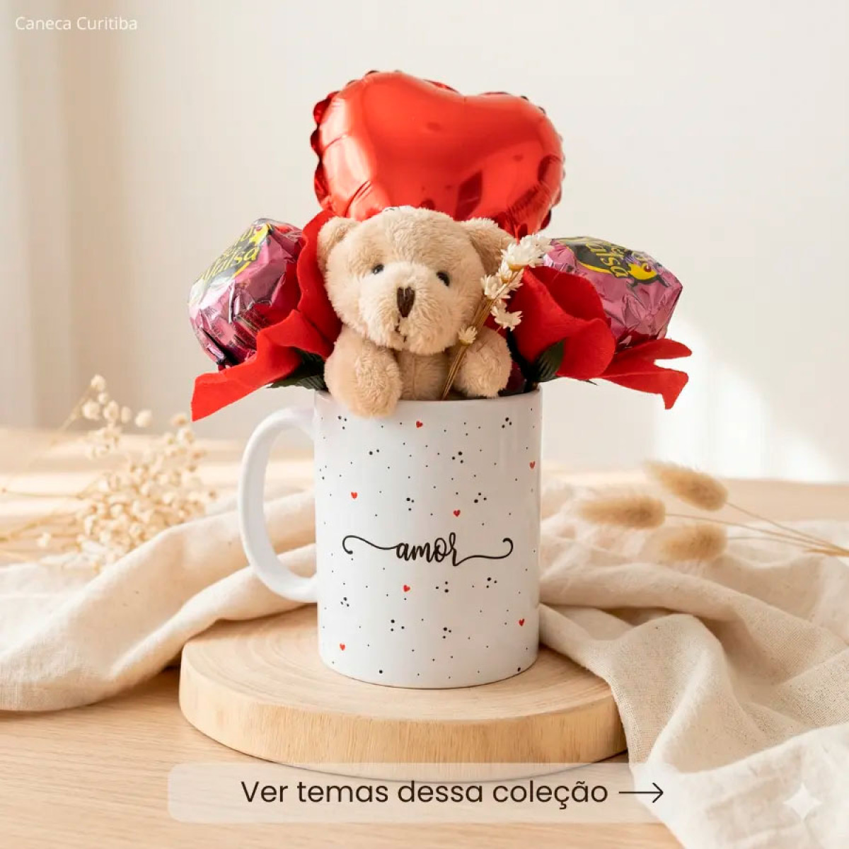Kit Presente Namoro Caneca Personalizada com Balão e Ursinho