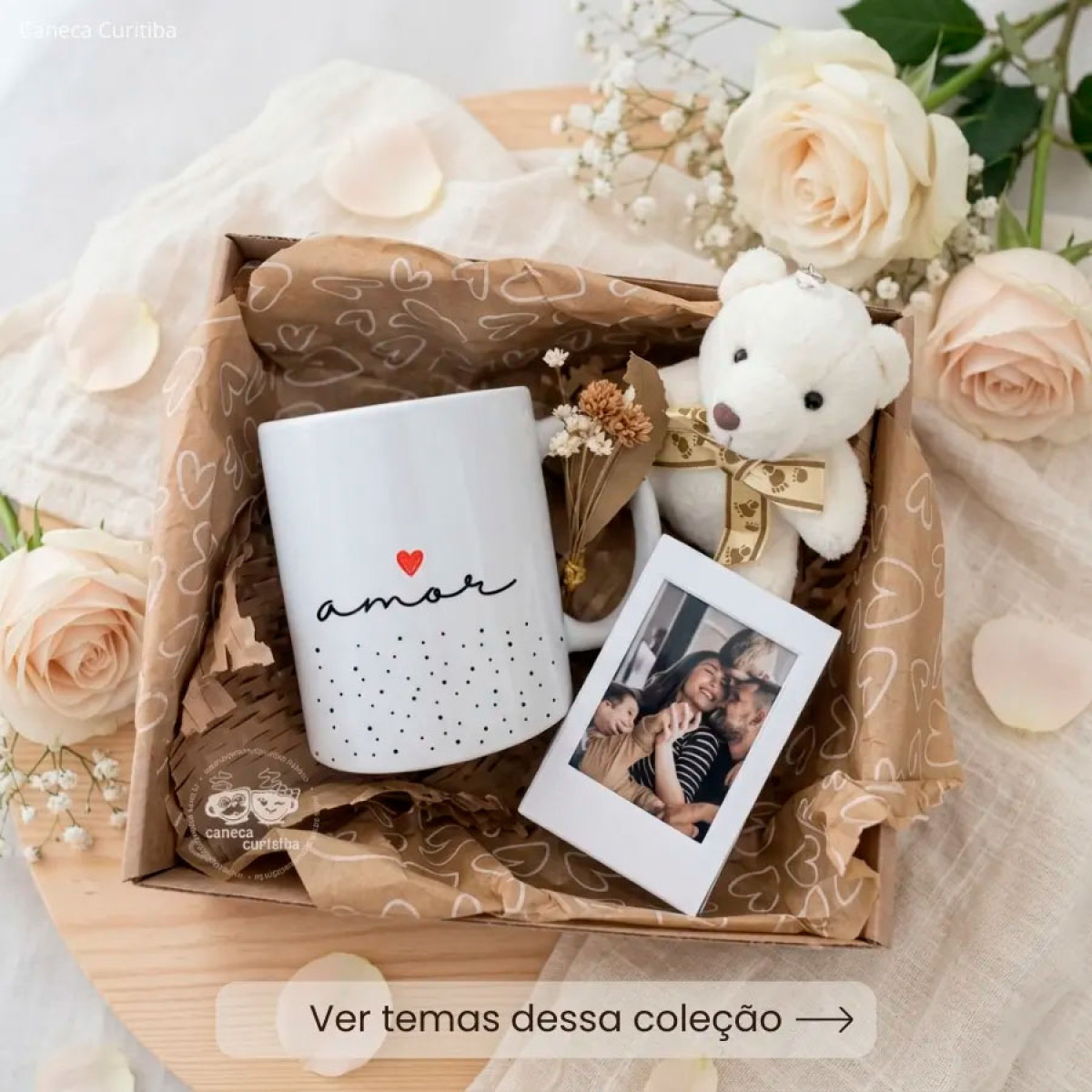 Kit Namoro Presente Caneca, Mini Porta-Retrato Polaroid e Ursinho
