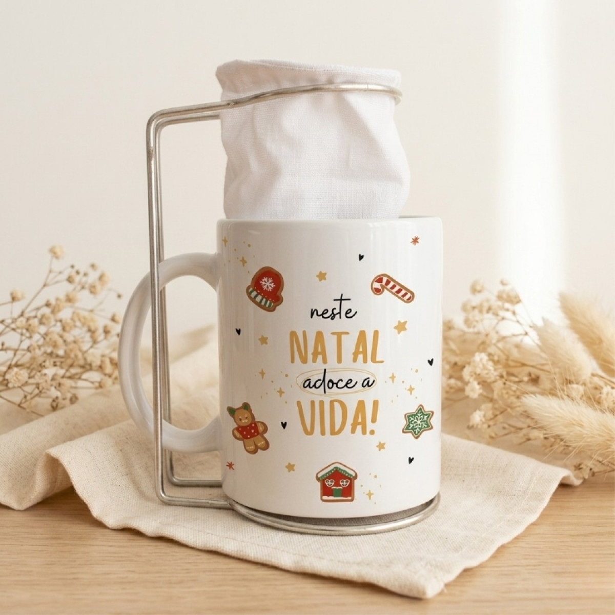Kit Caneca Personalizada com Mini Coador Natal