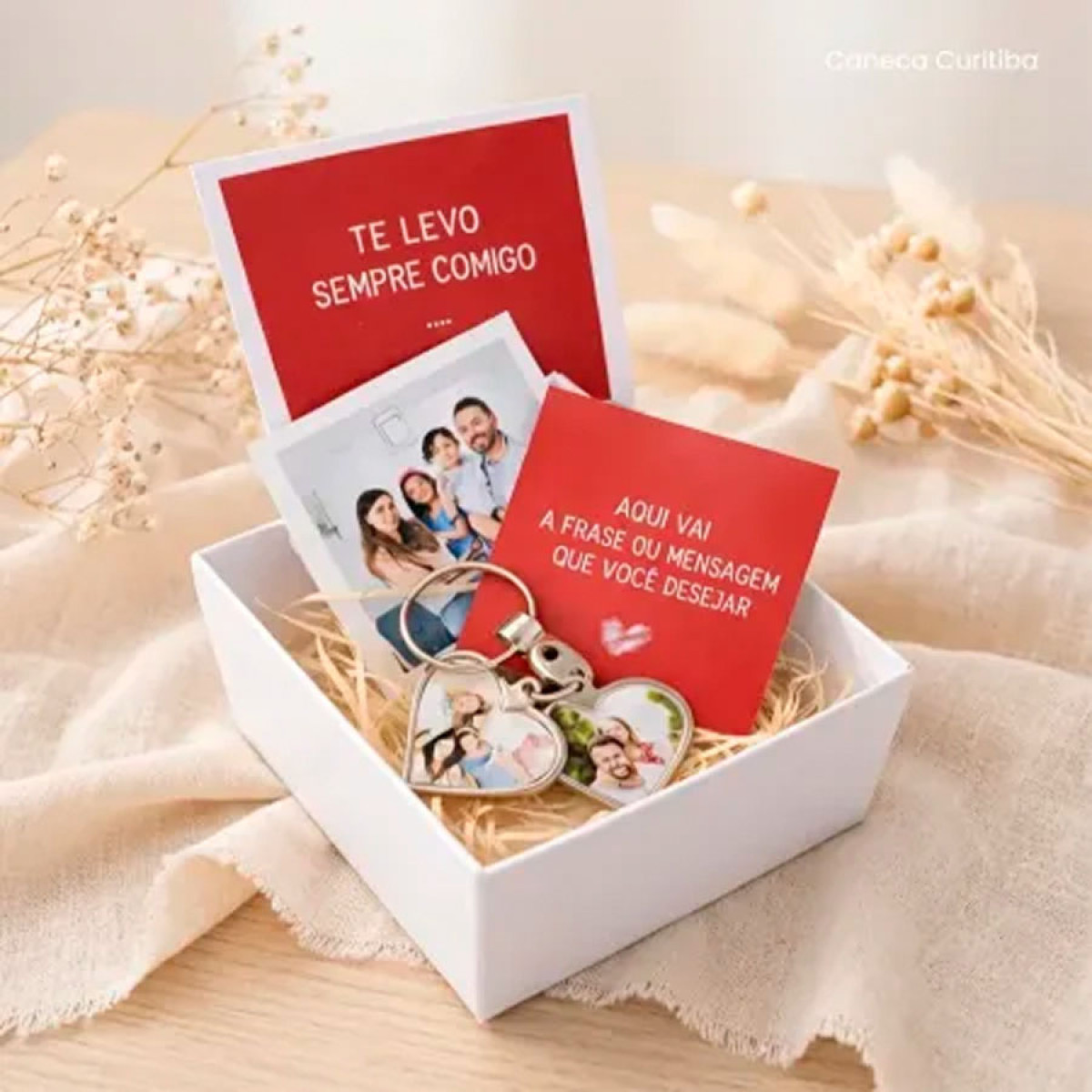 Caixinha com Chaveiro Coração Duplo Aberto com Foto